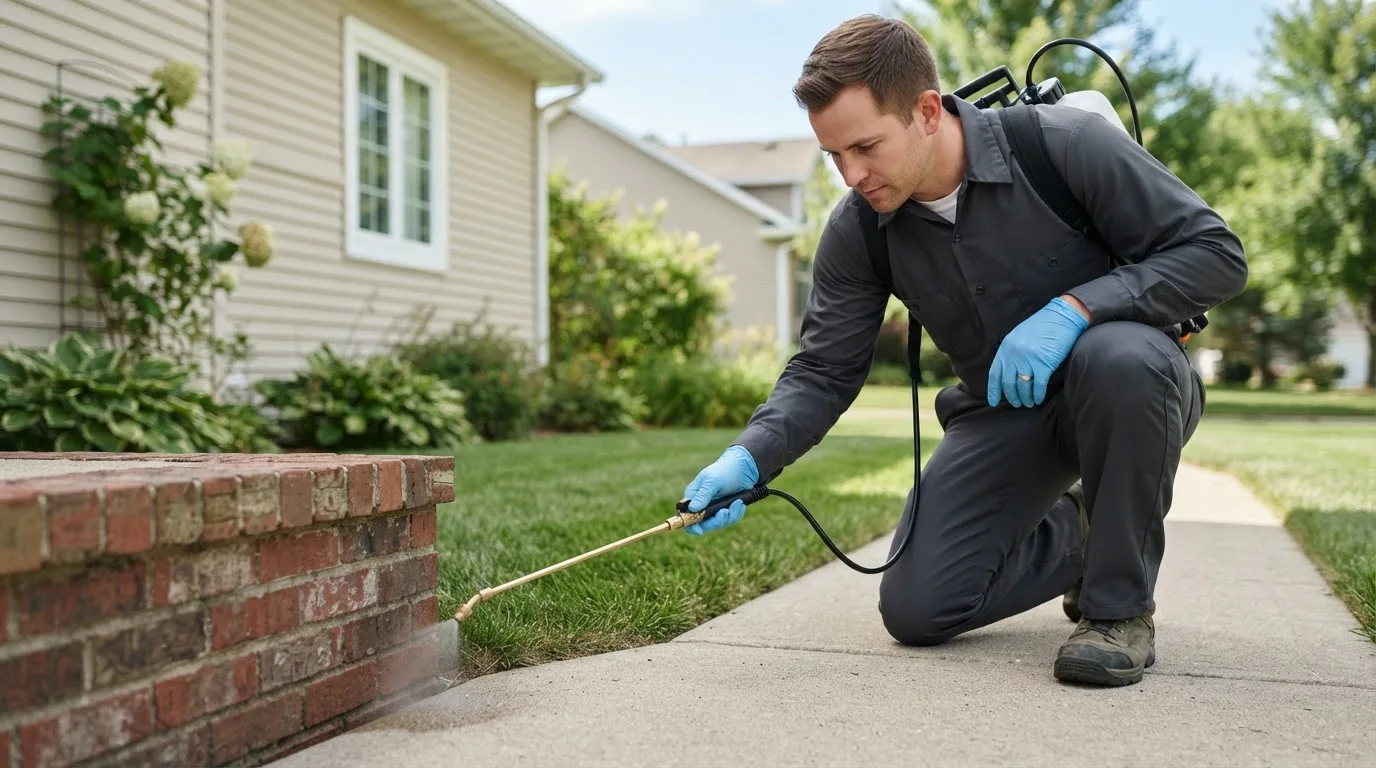 Pest control technician treating a home near Aulander, NC
